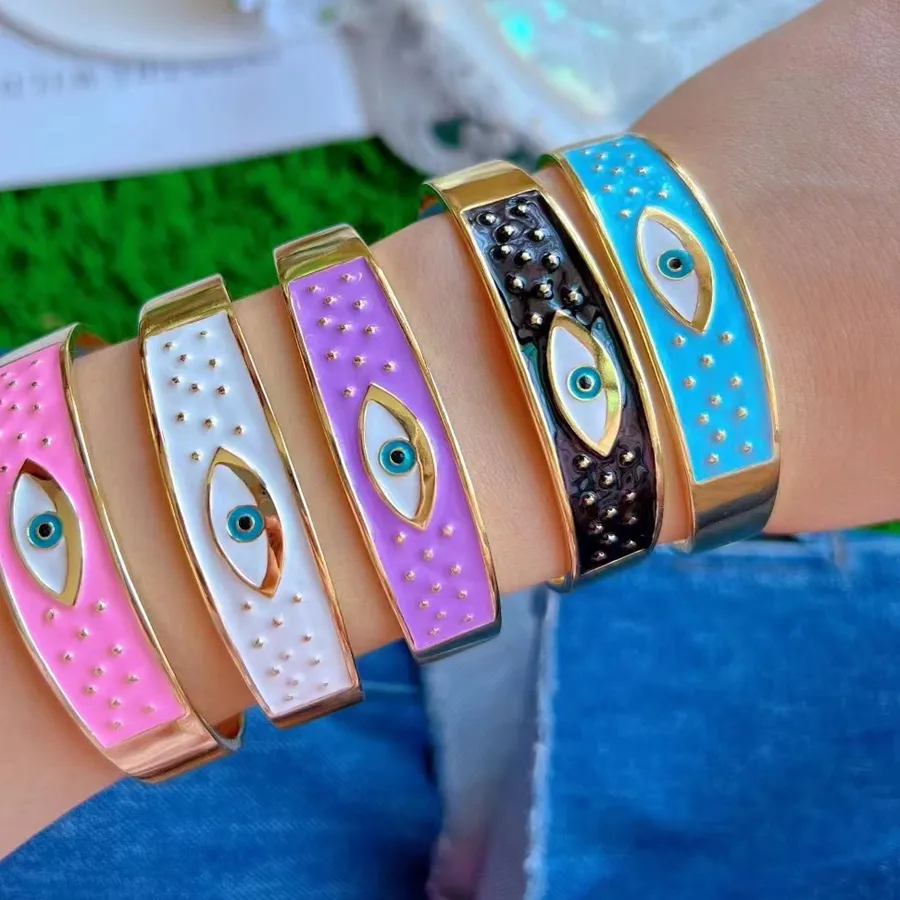 Authentic 3PCS, 18K Gold Plated Colorful Enamel Lucky Turkish Evil Eye Open Cuff Charm Wide Bangle For Women Jewelry