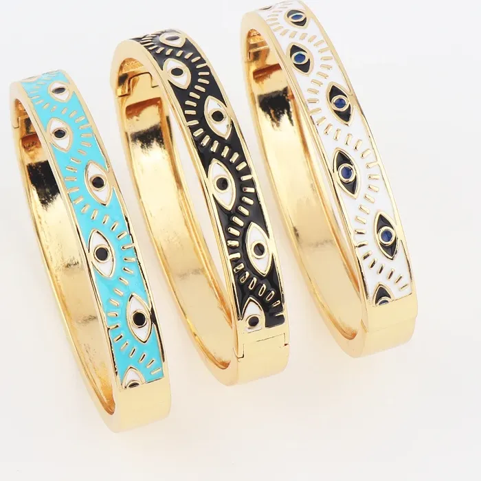 Authentic 18K Gold Plated Blue Black White Enamel Lucky Turkish Evil Eye Open Cuff Charm Bangle Bracelets For Women Jewelry