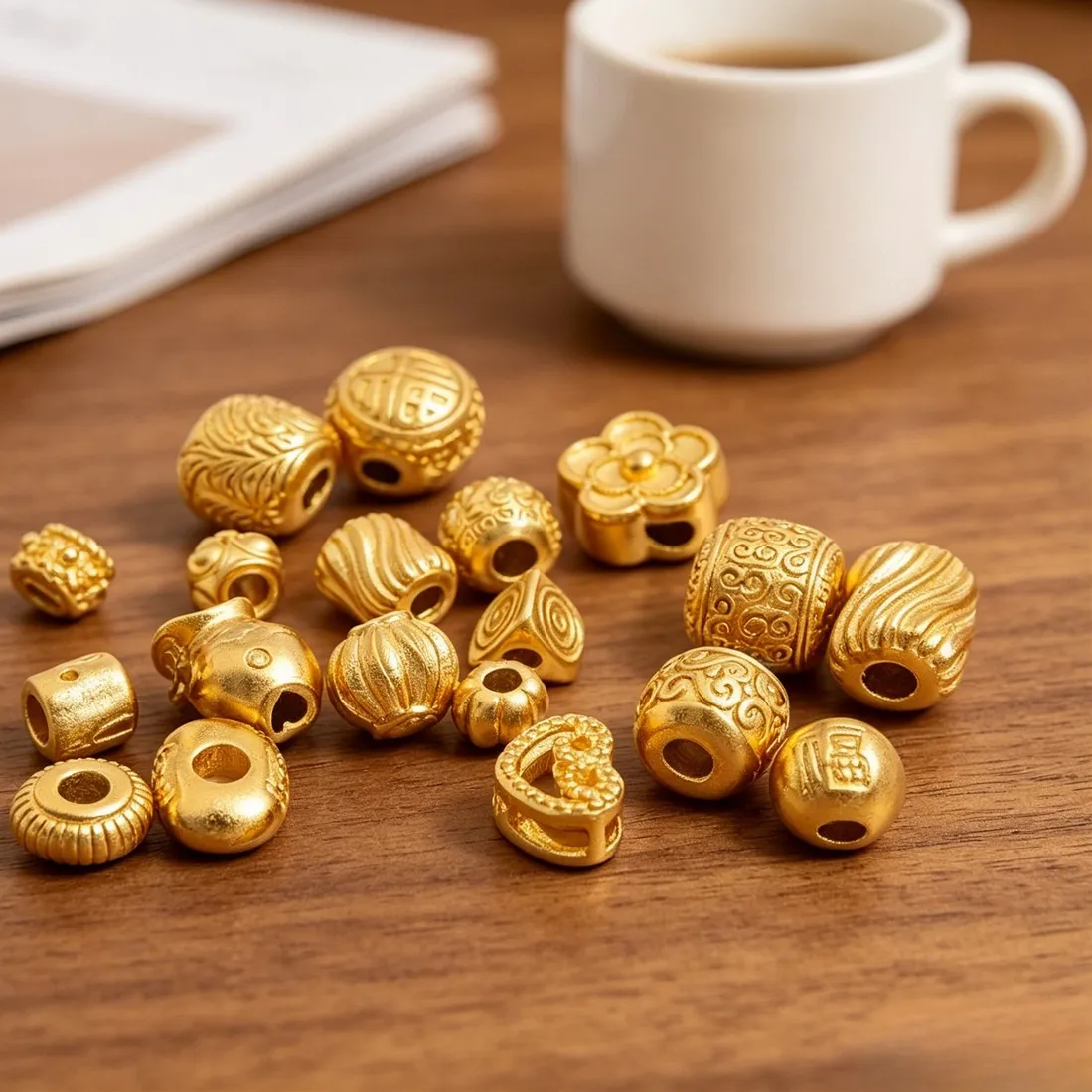 Authentic Gold Tone Pumpkin Lantern Fu Character Swirl Lucky Fish Peach Blossom Spacer Beads Diy Jewelry Findings