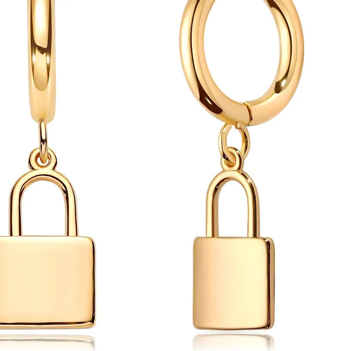 Authentic BKBK Polished Gold Huggie Hoop Minimalist Lock Charm Dangle Women Earrings Korean Fashion High-end Jewelry Bohemian Style for Cool Trendy Girls Valentine Xmas Thanksgiving Street Daily Shopping Concert Casual Weekend Travel Stackable Fashion Ear Ornaments