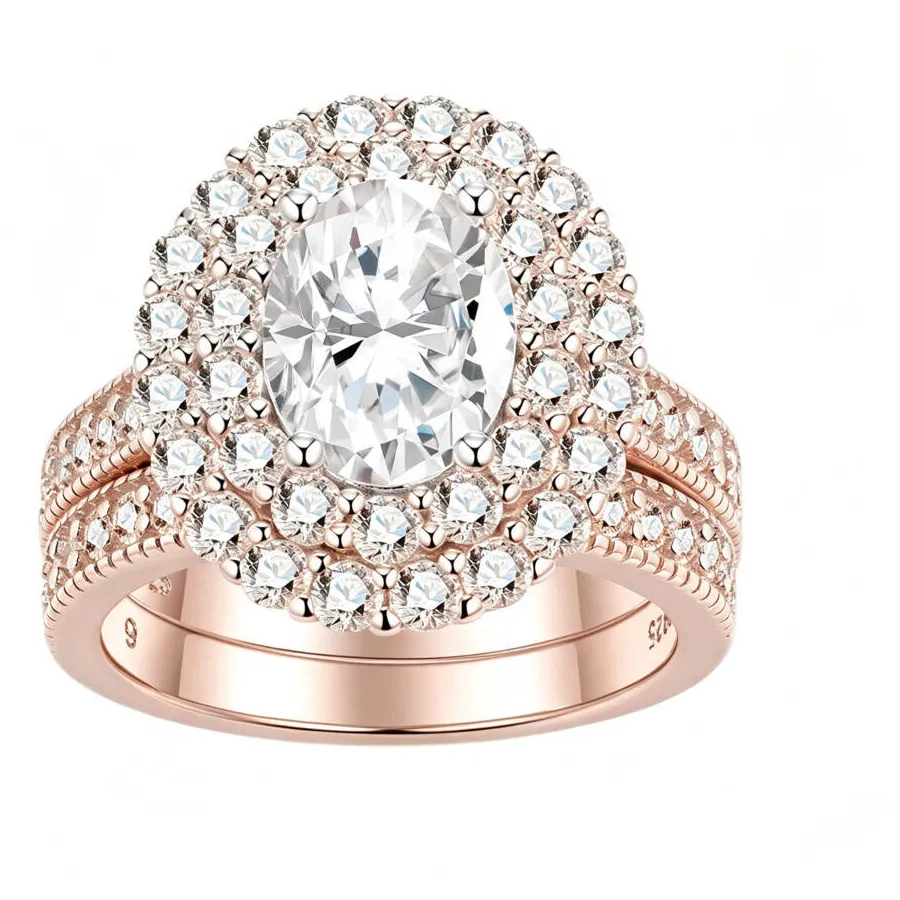 Authentic Radiant Luminescence Oval Moissanite Double Halo Talisman Ring