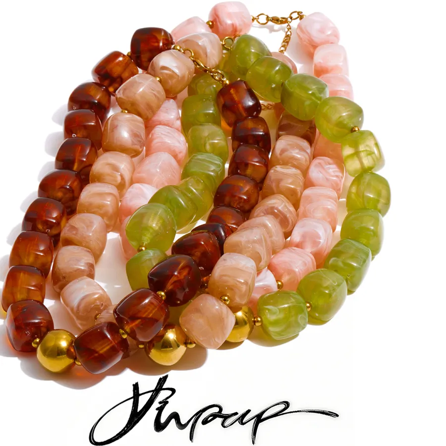 Authentic Yhpup Acrylic Square Beads Chain Necklace Bracelet Bangle Stainless Steel Handmade Jewelry Waterproof Green Khaki Pink Amber
