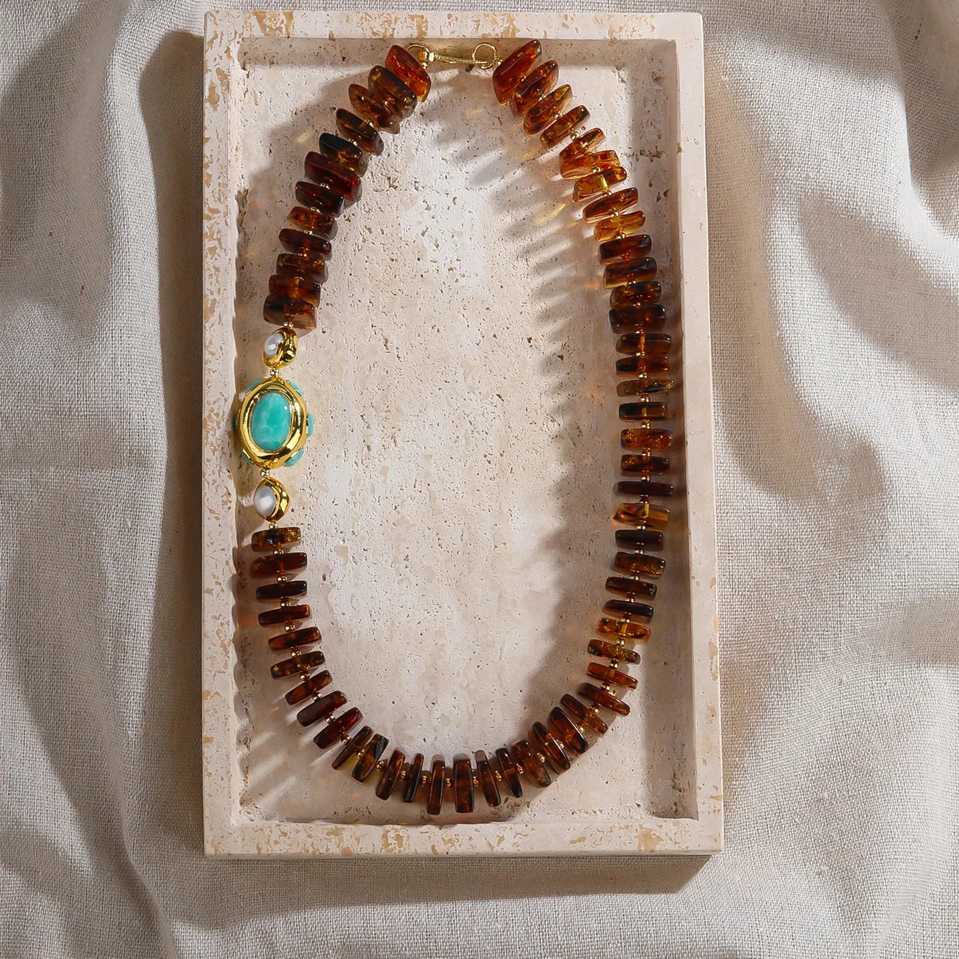 Authentic Women's Vintage Elegant Copper Natural Amber Necklace Pearl Larimar Charm Beads 24K/18K Gold Plated Fashion for Birthday
