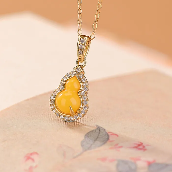 Authentic S925 Sterling Silver Gold-Plated Amber Elegant Versatile Leaf Gourd Pendant