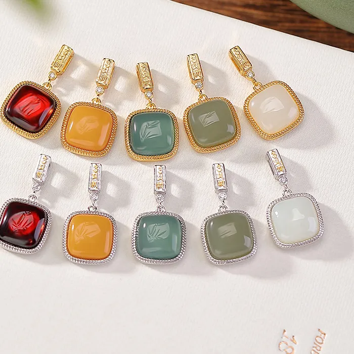 Authentic S925 Sterling Silver Gold Plated Hetian Qing Jade Jadeite Blood Amber Geometric Square Five Elements Pendant Hanging