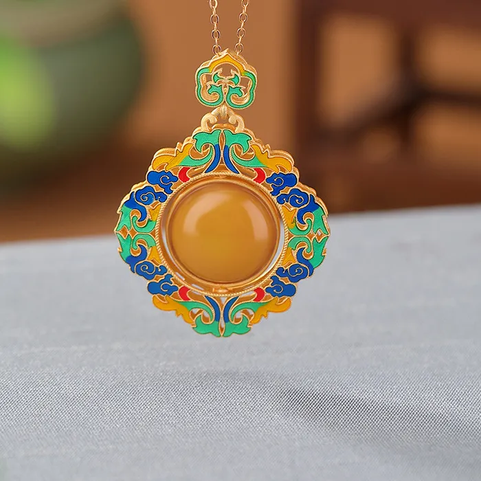 Authentic Whispers of Eternity: Amber Landscape Cloisonné Ruyi Pendant