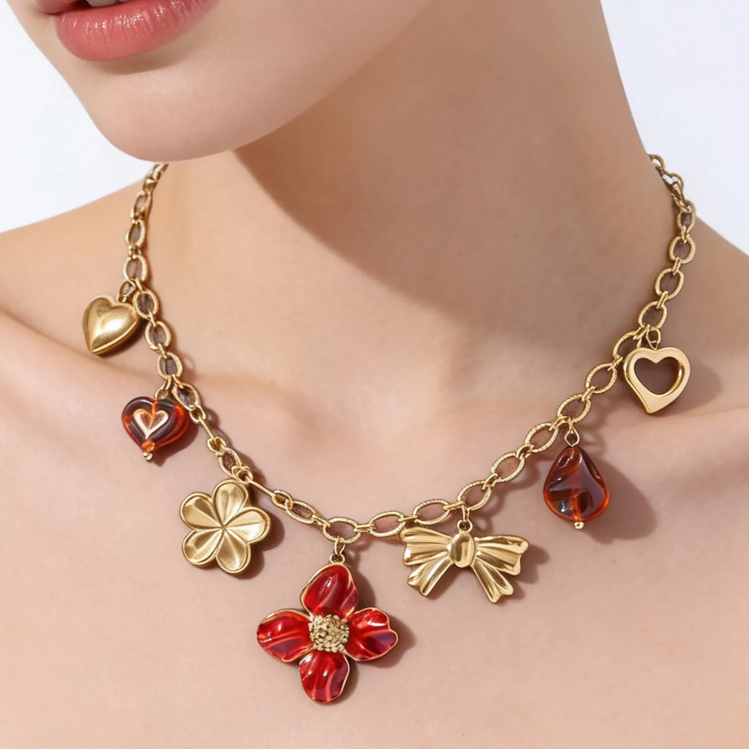 Authentic 1pc Gold Plated Multi-Charm Necklace with Red Flower Amber Hearts Bow Adjustable Chain Jewelry Gift for Women Girls