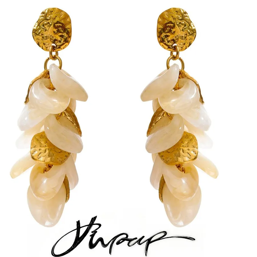 Authentic Yhpup Exclusive Handmade Jewelry Beige Amber Resin Flower Petal Tassel Drop Charm Earrings Stainless Steel Waterproof Jewelry