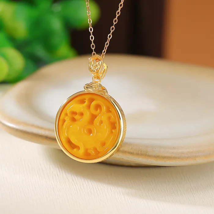 Authentic S925 Sterling Silver Gold-Plated Amber Six-Word Mantra Niche Pendant