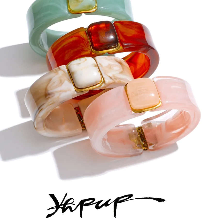 Authentic Yhpup 63mm Green Pink Beige Amber Acrylic Wide Bracelet Bangle Waterproof Fashion Summer Attractive Jewelry Wholesale