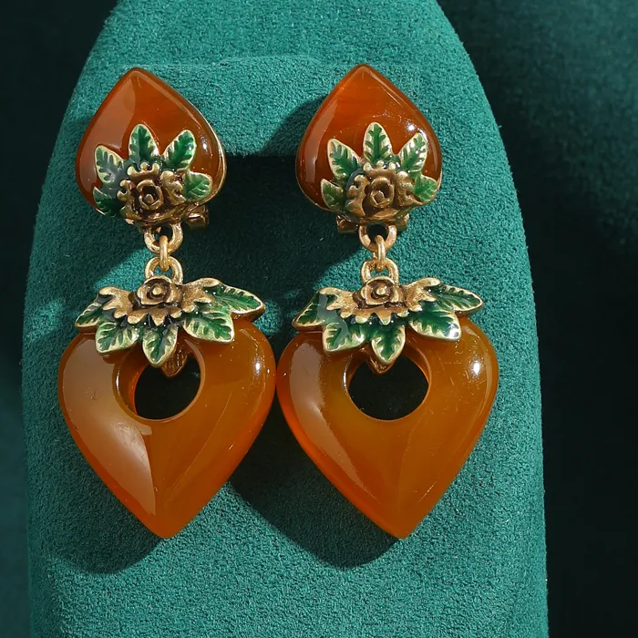 Authentic Vintage Amber Heart Drop Dangle Earring Charm Pendant Antique For Women Gold Color Rhinestones Leaf Luxury Designer Jewelry 2025