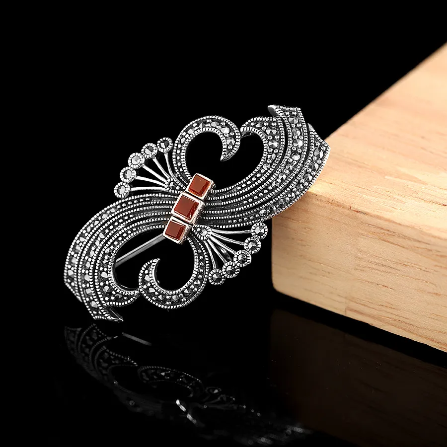 Authentic Dual- Use Marcasite Irregular Hollow Heart Brooches Exotic Pendants Necklaces Ethnic 925 Silver Pins No Chains