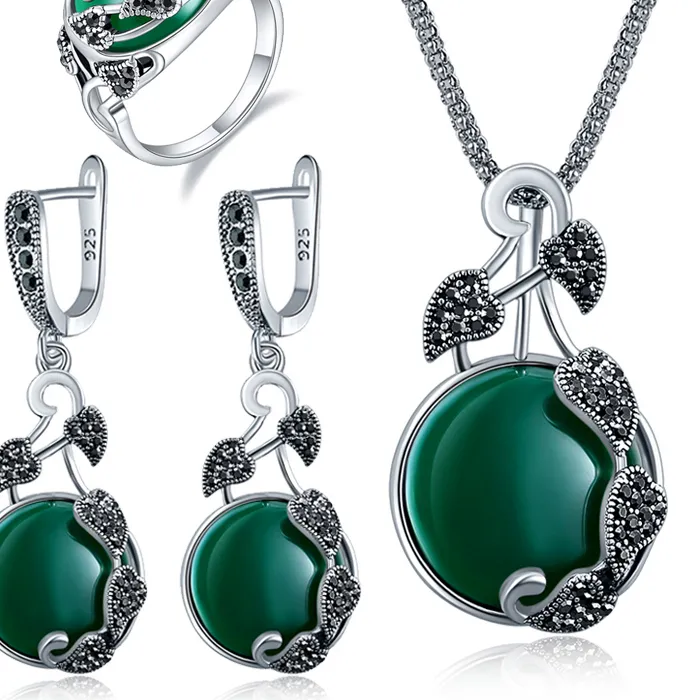 Authentic Ajojewel Jewelry Of 3 Black Marcasite Vine Leaf Earrings And Necklace Ring With Stone