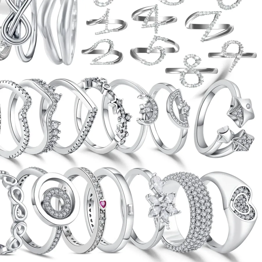 Authentic Original 925 Sterling Silver Ring Love Heart Wishbone Moon Sun Rings Crystal Rose Gold Jewelry