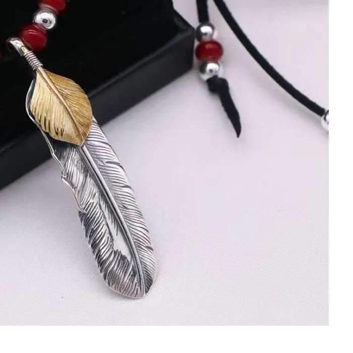 Authentic Goro Takahashi Trendy Retro Gold Leaf Feather Pendant Personalized Men's and Women's Adjustable Leather Rope Necklace