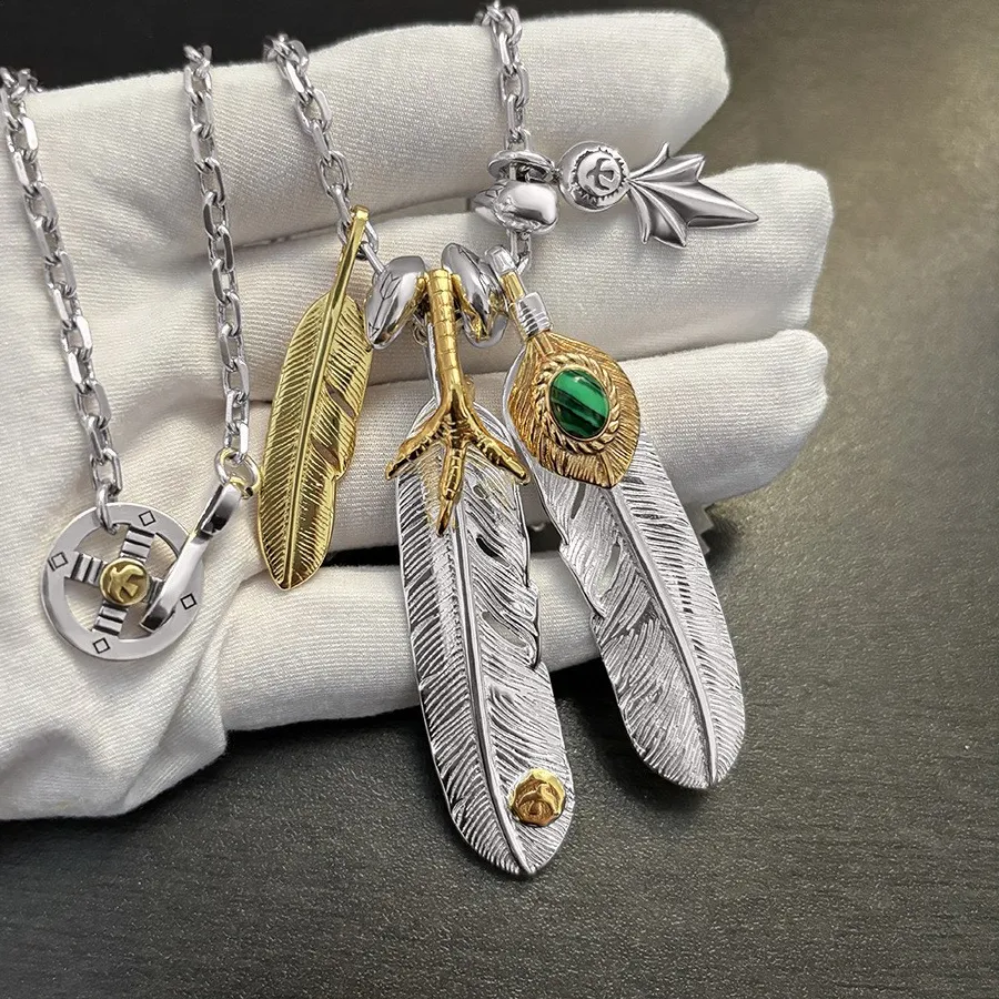Authentic Takahashi Goro's Goro Gold-Plated Eagle Claw Necklace with Turquoise Feather Inlay Maple Leaf Gold-Plated Small Feather Necklace