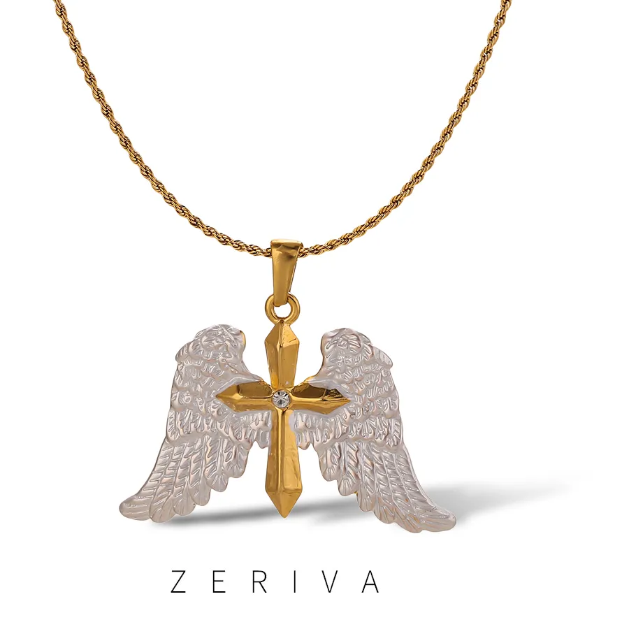 Authentic ZERIVA Stainless Steel Cross Wings Pendant Necklace Gold Embedded Diamonds Feather Wing Sweater Chain Crossbody Jewelry Gift