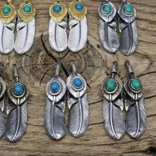 Authentic Gold turquoise feather glass bead chain necklace with pure silver pendant on Japanese jewelry