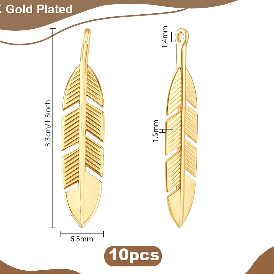 Authentic 10Pcs Brass Pendants Long-Lasting Plated Feather Real 18K Gold Plated 33x6.5x1.5mm Hole: 1.4mm 10pcs/set