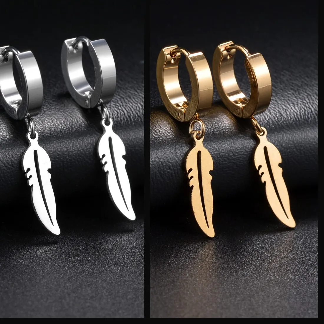 Authentic Punk Gold Color Stainless Steel Dangle Earrings For Women Men Small Feather Leaf Eye Triangle Pendant Ear Jewelry Earrings