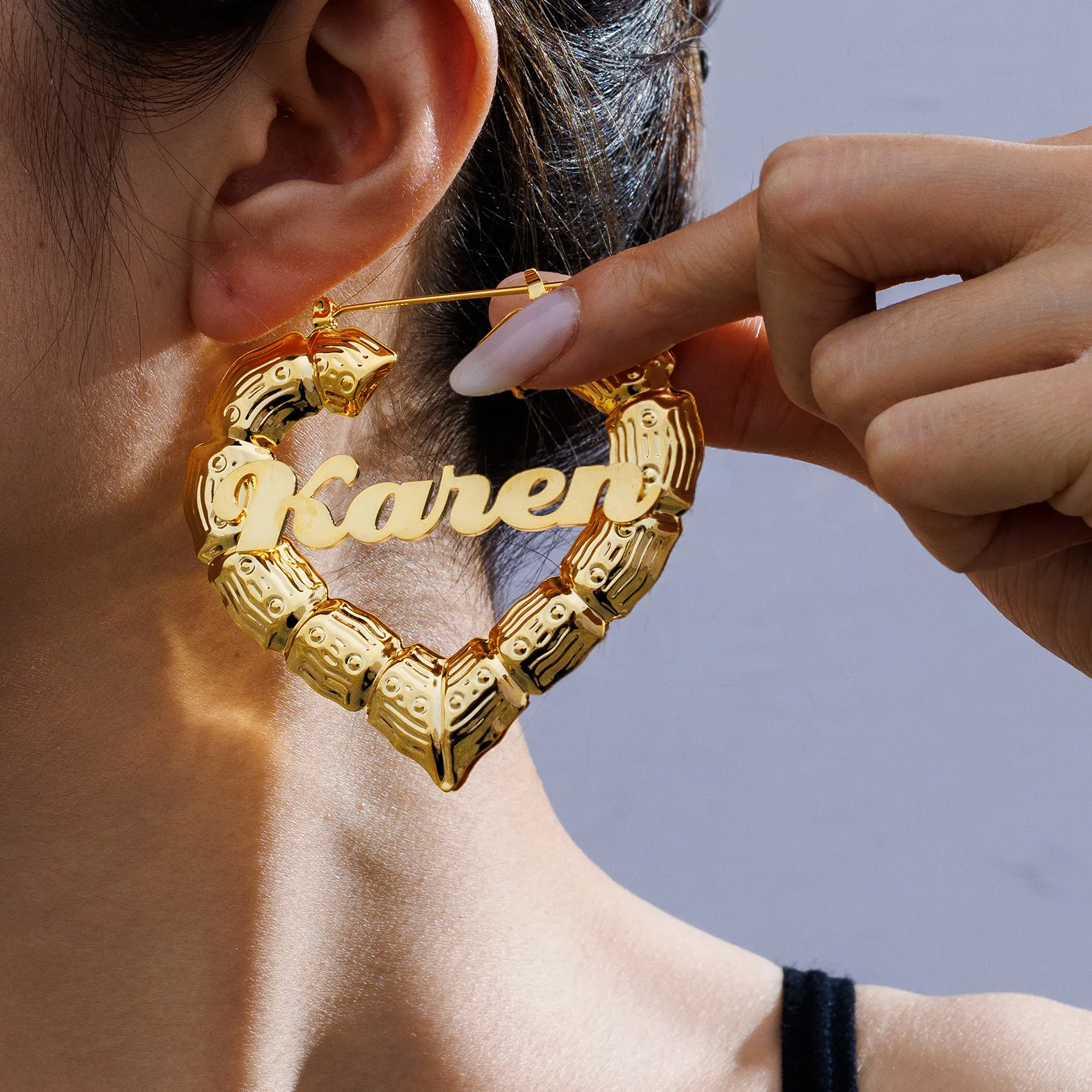 Authentic Personalized Hollow Heart Bamboo Earrings Gold Color Customized Name Punk Hoop Earrings Jewelry
