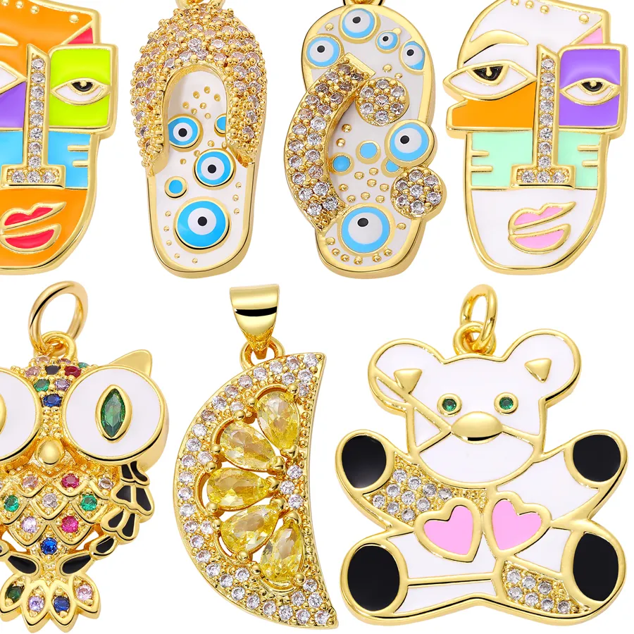 Authentic Juya DIY 18K Real Gold Plated Creative Picasso Painting Slippers Evil Eye Owl Bear Lemon Enamel Charms Supplies