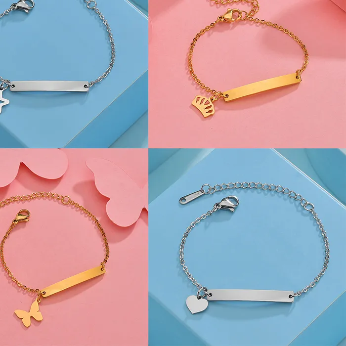 Authentic Custom Engrave Name Date Child Bracelet Heart Crown Star Pendant Kid Personalized Bracelet Jewelry Birthday
