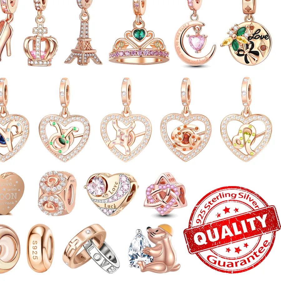 Authentic Rose Gold Series 925 Sterling Silver Twelve Constellation Crescent Moon Crown High Heel Fit Diy Bracelet Necklace