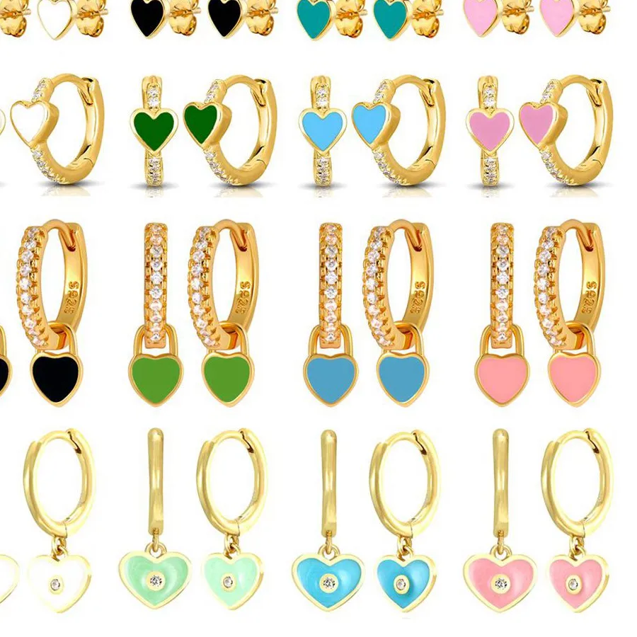 Authentic Silver Color Hoop Earrings with Cute Candy Neon Color Enamel Heart Charm Drop Earring Gold Color for Girls Party Jewelry