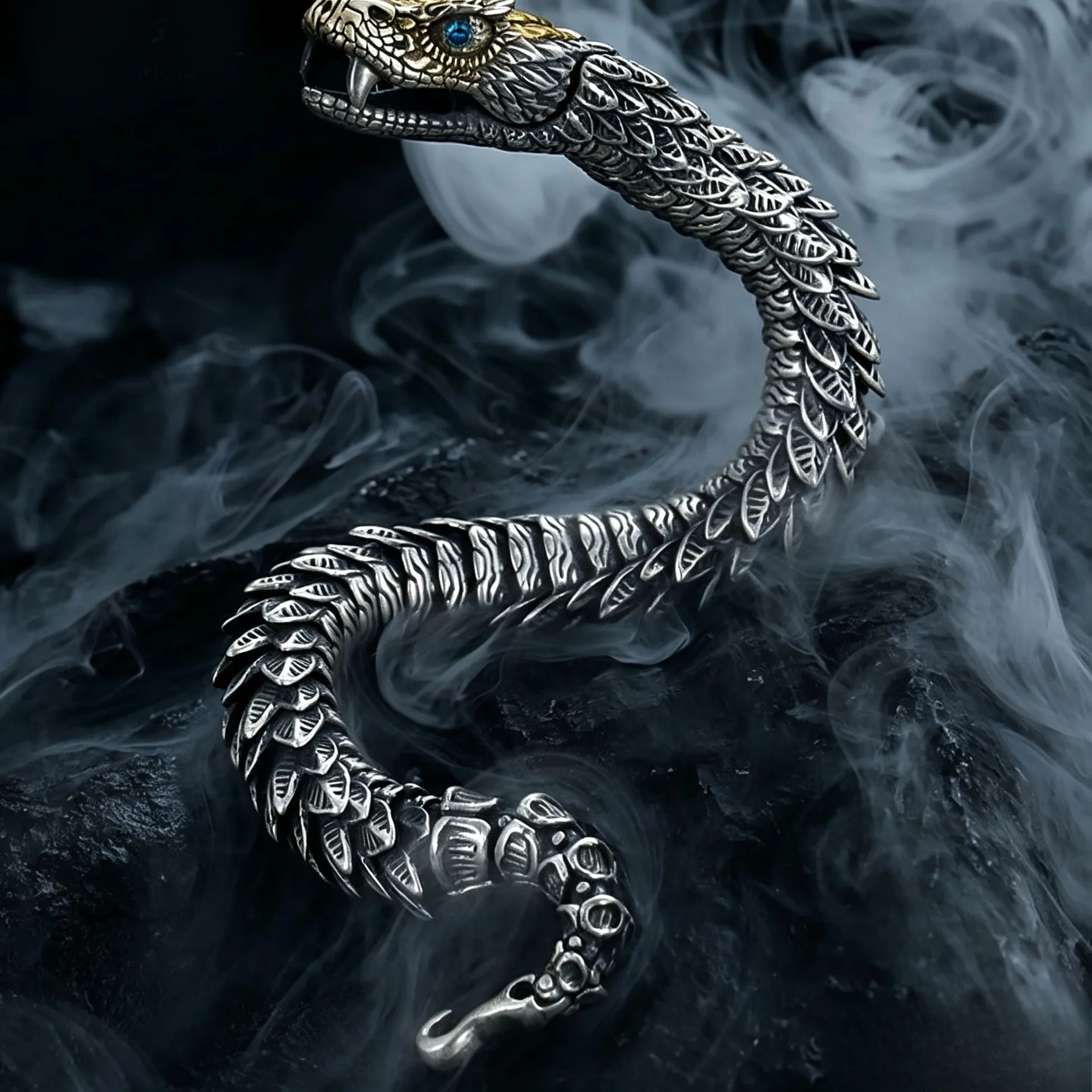 Authentic Two Tone Scale Snake Bracelet Blue Eye Serpent Link Chain Punk Gothic Statement Wrist Jewelry