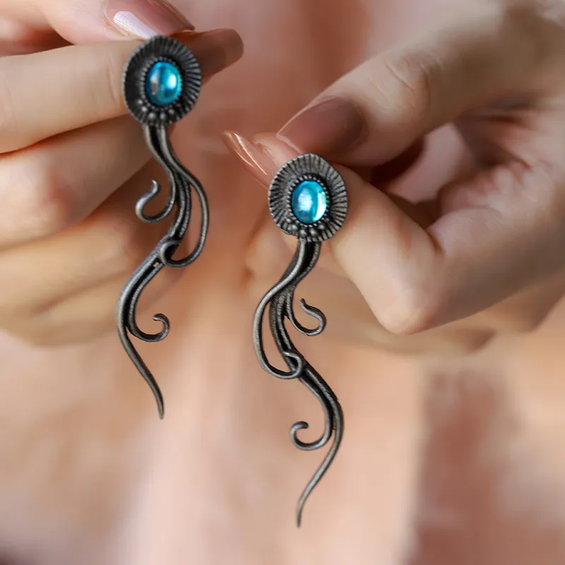 Authentic A Pair Of Bohemian Imitation Octopus Leg Earrings Inlaid With Blue Stones, Couple Holiday Jewelry