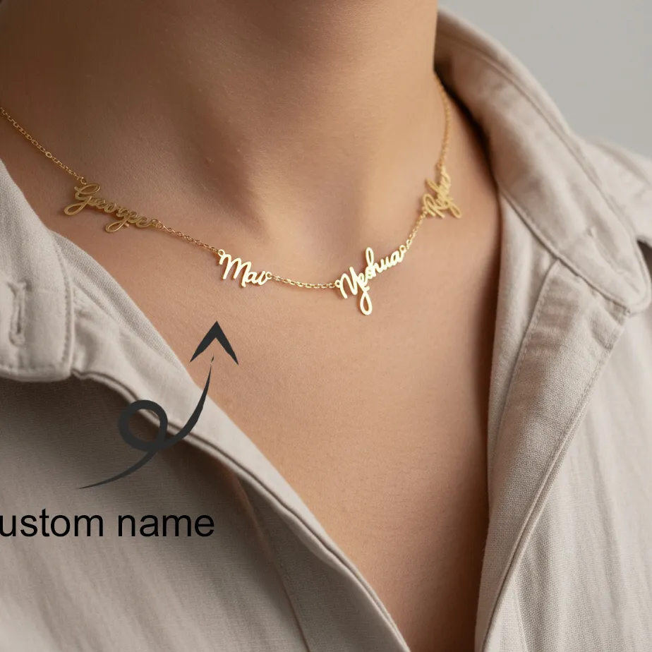 Authentic Personalized Custom 1- 9 Names Necklace 18K Gold Plated Couple Kids Name Necklace Family Members Name Jewelry