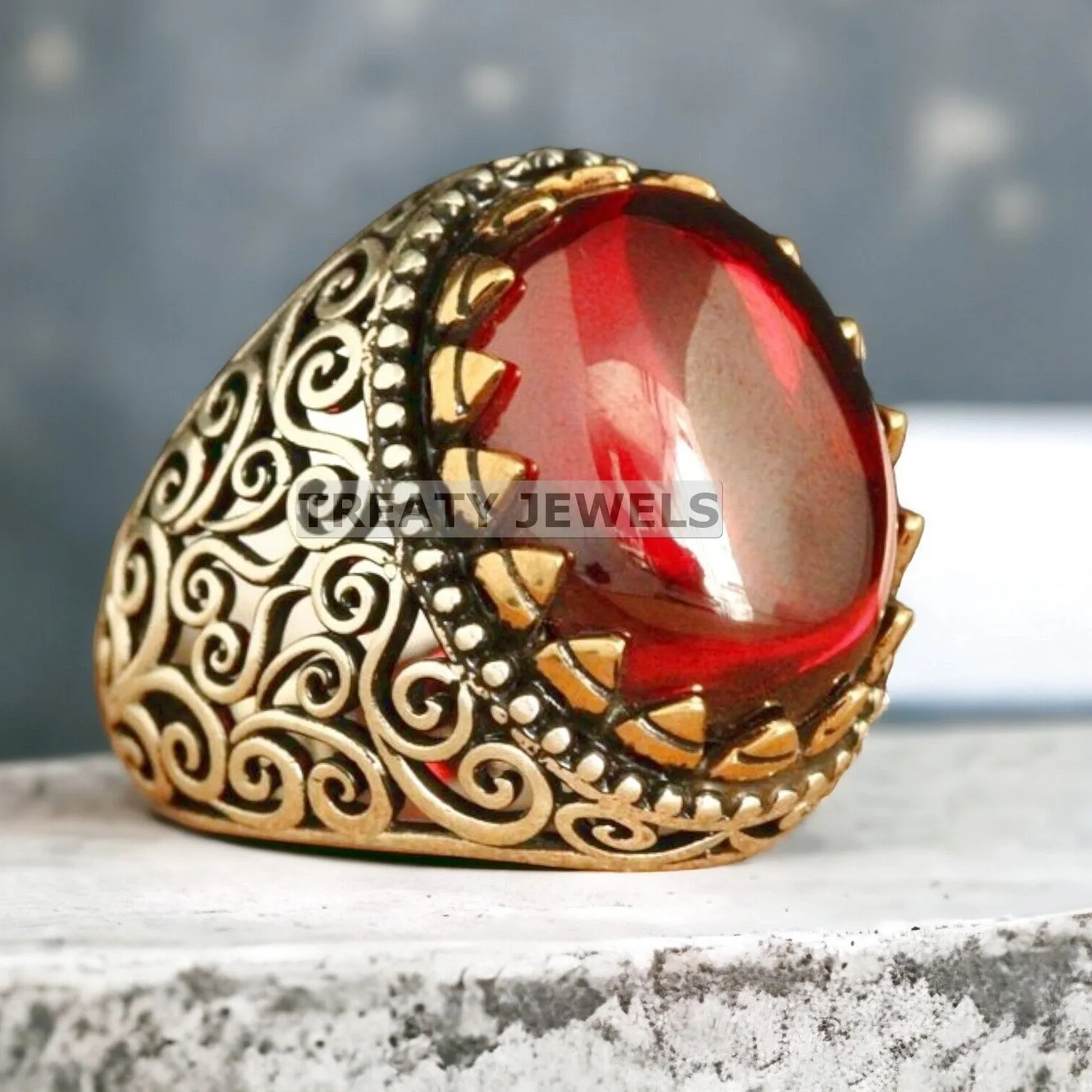 Authentic Ring Of The Crimson Flame Garnet Oval Talisman In Gold- Kissed Sterling Silver