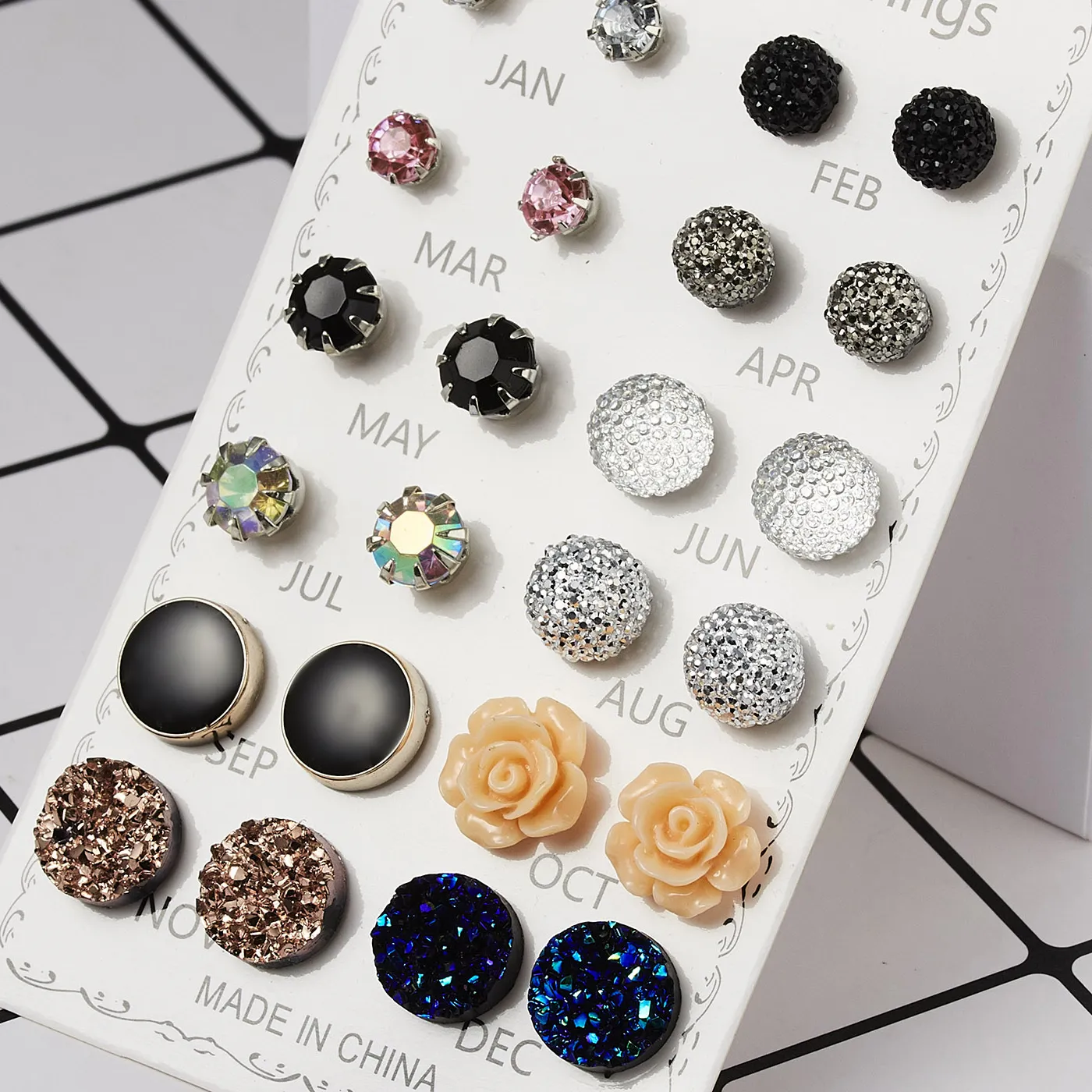 Authentic 12 Pairs Acrylic Rhinestone Earrings Flower Heart Stud Earring Girls Geometric Earrings Jewelry