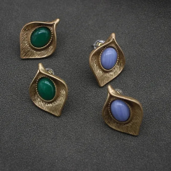Authentic European And American Earrings Treasure Jewelry Natural Stone Inlaid Ginkgo Leaf Antique Earrings