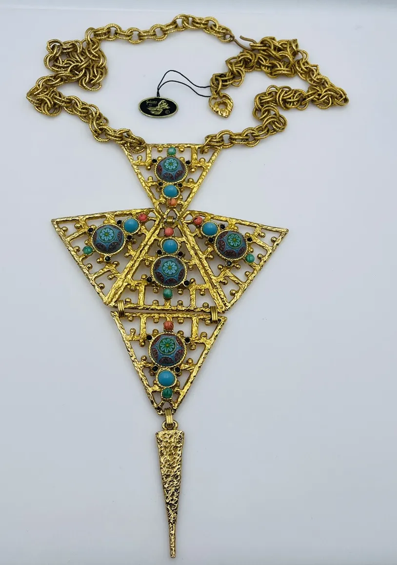 Authentic Moroccan Matrix Pendant Gold- Plated Blue Glass Talisman Necklace