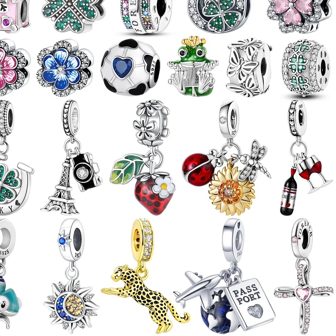 Authentic S925 Silver Gem Clover Eiffel Tower Pink Floral Pave Bottle Airplane Charms Frog Sun Moon Beads Diy Bracelet Parts Fine Jewelry