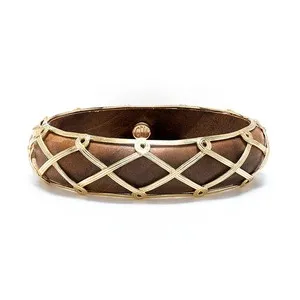 Authentic The Verdant Sovereign: Yellow Gold-Plated Teak Wood Earth Goddess Hinged Bangle