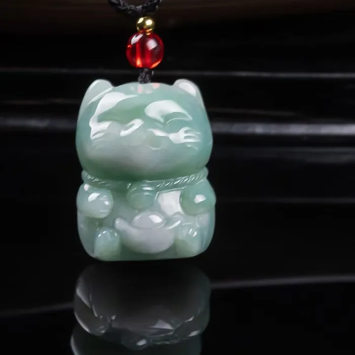 Authentic Natural Emerald Jade Lucky Cat Pendant Myanmar Jadeite Necklace Jewelry Designer Lucky Certificate