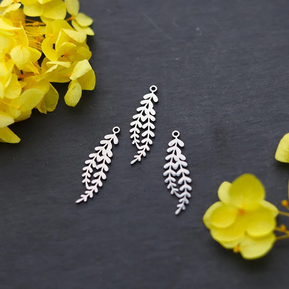 Authentic 3pcs Grass Leaves Tree Branches DIY Craft Earrings Necklace Charms For Jewelry Making Stainless Steel Pendant