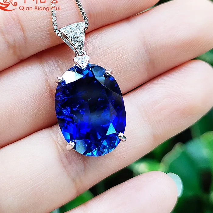 Authentic S925 Silver Oval- Shaped Pendant Necklace With Lab Grown Blue Sapphire Red Ruby 18Ct 14X19Mm With Inclusion- Jewelry