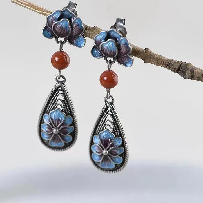 Authentic Peony Flower Cloisonn Blue Enamel Earrings Ethnic Style Hollow Out Southern Red Tourmaline Round Beads Earring Jewelry