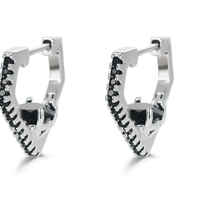 Authentic Black Awn Hoop Earrings Classic Silver Color Spinel Jewelry I348