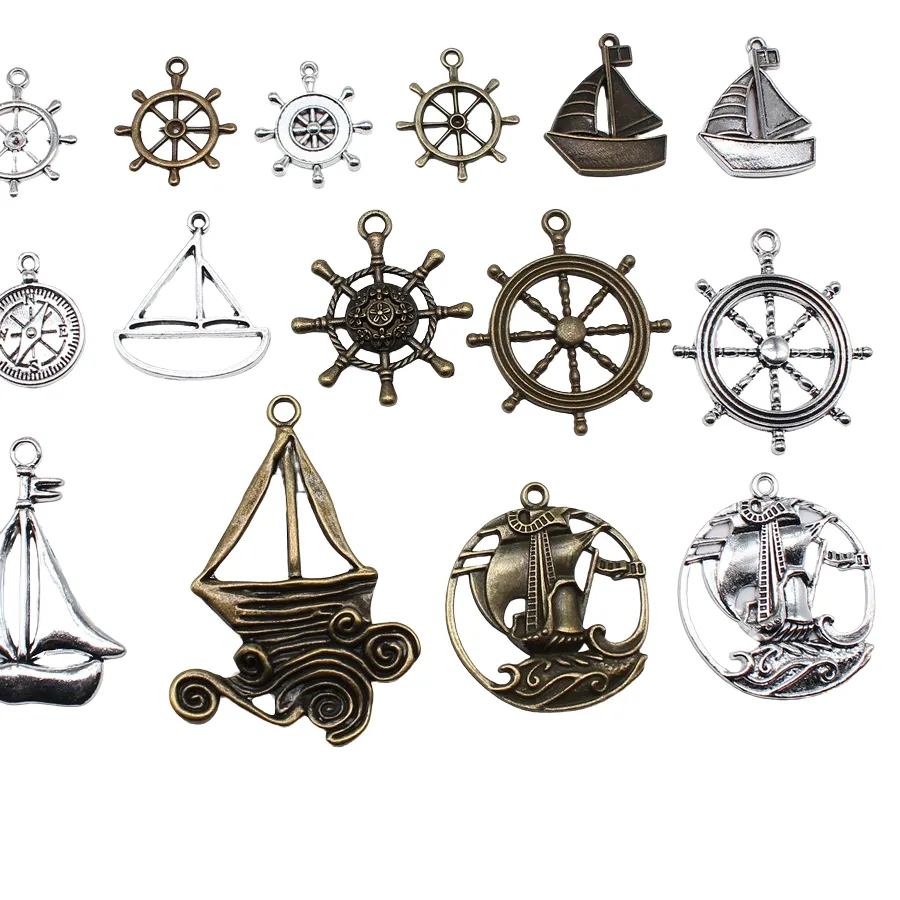 Authentic 10pcs Ships Wheel Helm Rudder Compass Boat Charms Pendant Big Sailboat Pendant Charms For Jewelry Making
