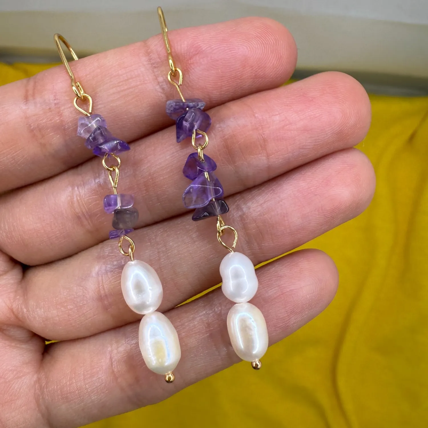 Authentic Aurelia Cascade: 14K Gold-Plated Pearl & Purple Crystal Drop Earrings