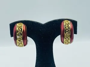 Authentic Crimson Flame Gold- Plated Red Enamel Clip- On Earrings Of Passionate Aura