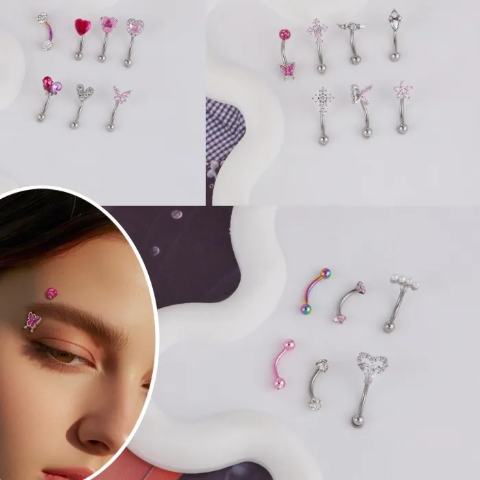 Authentic Celestial Curve Eyebrow Stud Adorned with Heart, Butterfly, and Zirconia