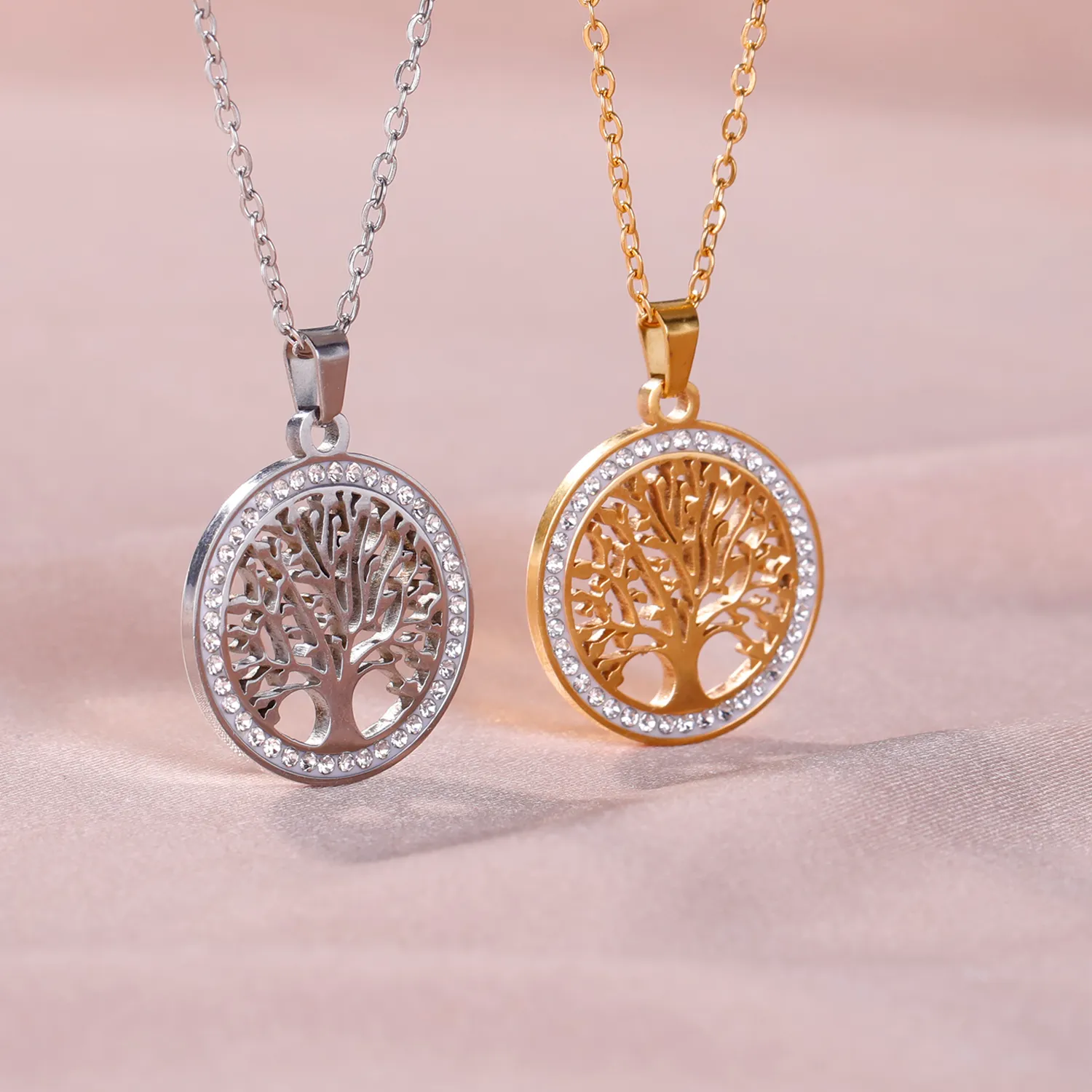 Authentic Skyrim Tree of Life Necklace for Women Stainless Steel Gold Color Clear Zircon Round Pendant Neck Chains Luxury Wedding Gift