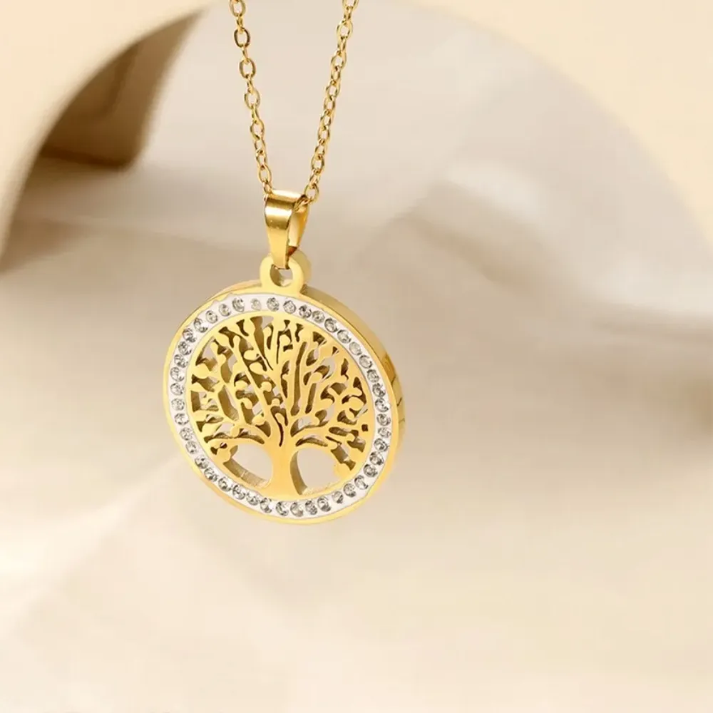 Authentic Skyrim Tree of Life Necklace for Women Gold Color Clear Zircon Round Pendant Neck Chains Luxury Wedding