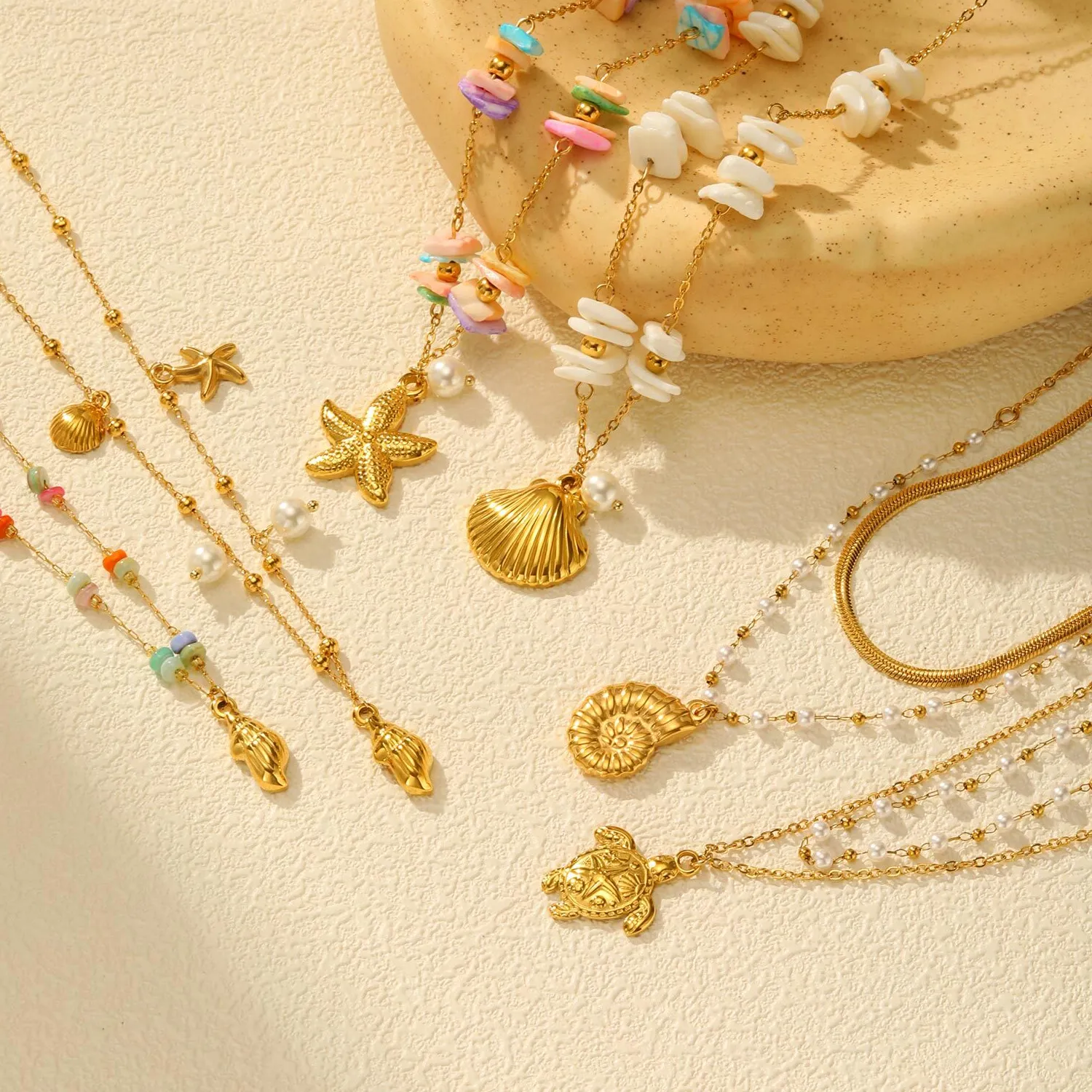 Authentic Summer Bohe Starfish Shell Conch Charms Pendant Neccklace for Women, 18k PVD Gold Plated Beach Holiday